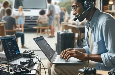 A computer technician working off-site in a remote location. The technician is wearing a headset and A computer technician working off-site in a remote location. The technician is wearing a headset and